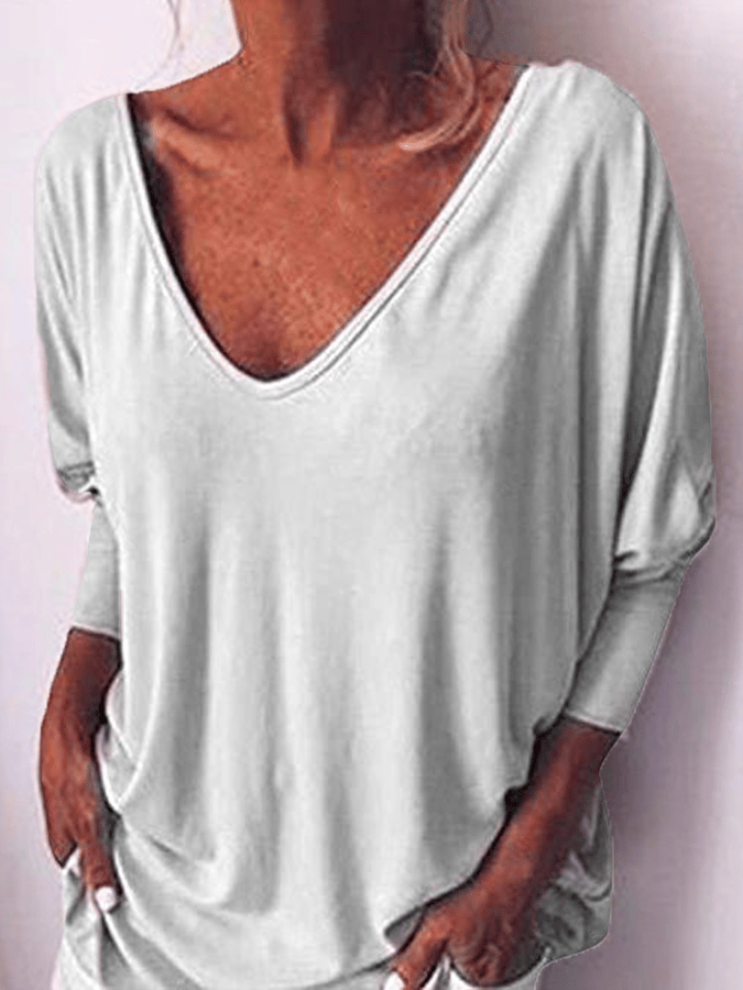 Women's Casual Pure Color Deep V-Neck Long Sleeve T-Shirt