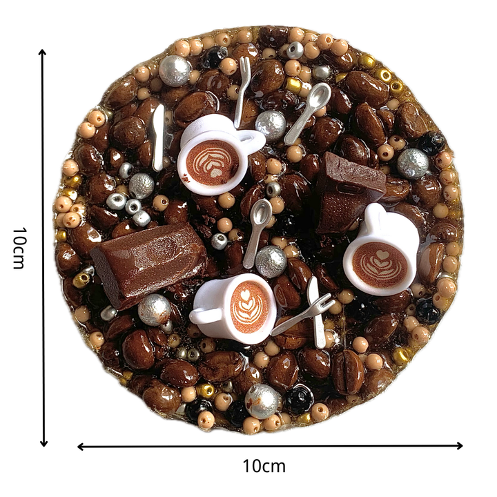 Close up top view of the 10cm coffee-themed picky pad embedded with realistic coffee beans and latte cups.