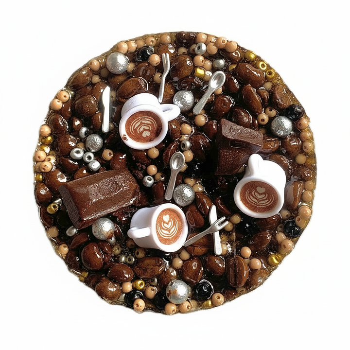 Close up top view of the 10cm coffee-themed picky pad embedded with realistic coffee beans, latte cups, and chocolate charms.