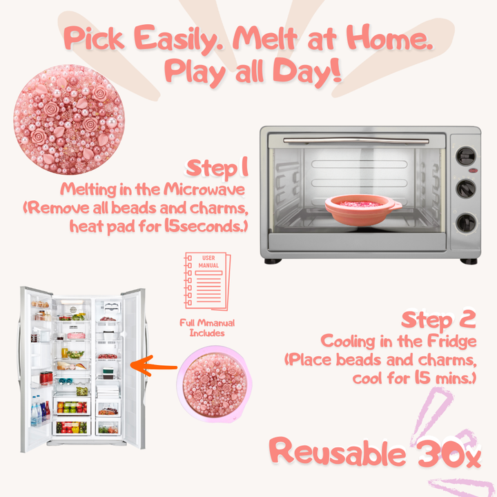 Step-by-step instructions on how to melt and reuse the pink picky pad using a microwave and fridge.