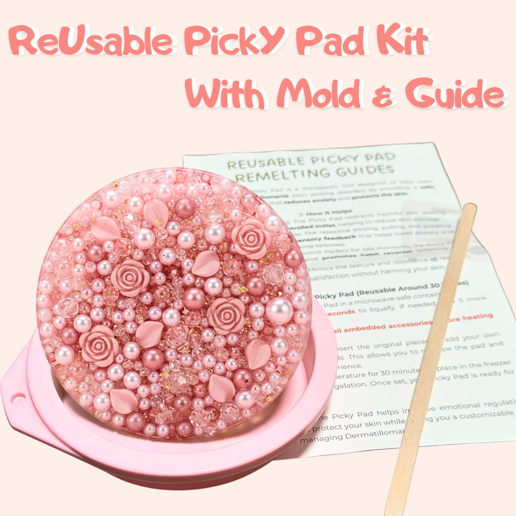 Satisfy Kit Pink Edition showing the round silicone mold, picking tool, and remelting guide.