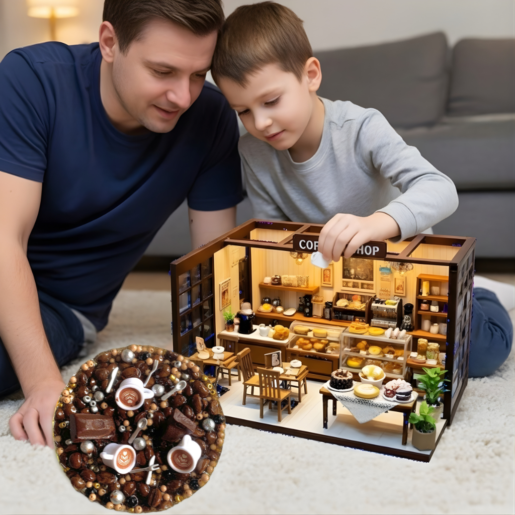 Father and son playing with a miniature coffee shop model and the Satisfy Kit reusable picky pad.