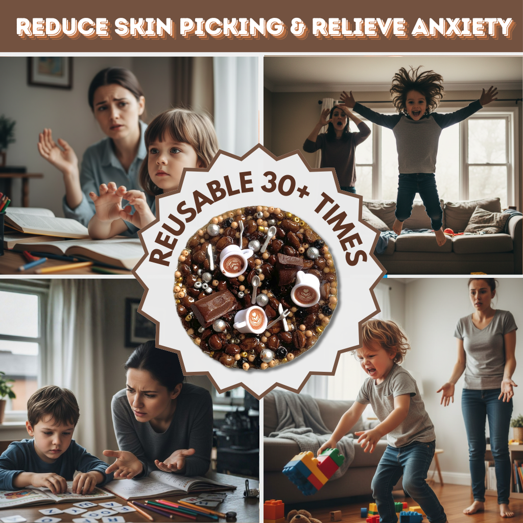 Comparison showing stress and skin picking habits versus the relief provided by the reusable picky pad.