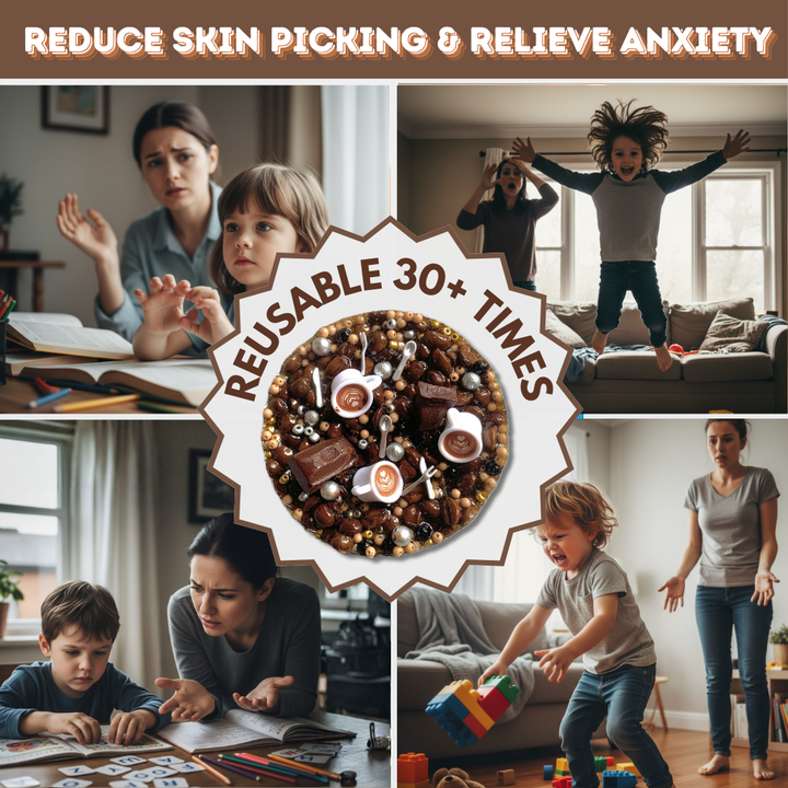 Comparison showing stress and skin picking habits versus the relief provided by the reusable picky pad.