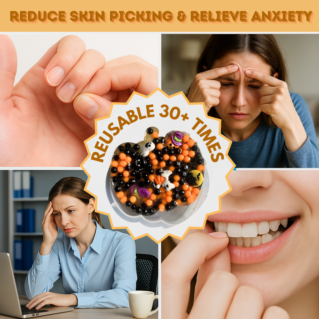 Comparison showing skin picking habits versus the relief provided by the spooky halloween picky pad.