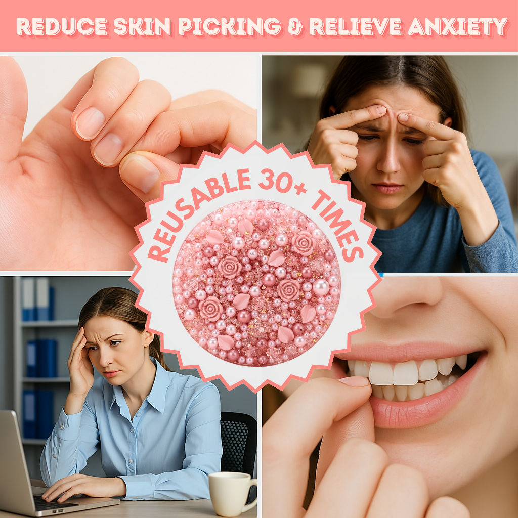 Comparison showing the relief provided by the pearl picky pad versus harmful skin picking habits.