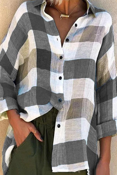 Casual Bright Color Plaid Print Buttons Down Blouse