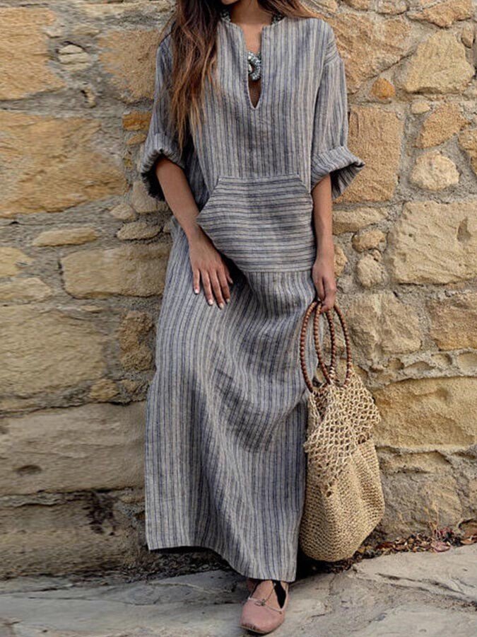 Ladies cotton and linen yarn-dyed striped loose dress