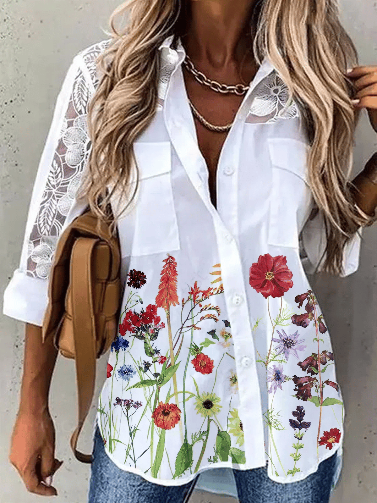 Women's Perspective Lace Printed Sleeve Casual Shirt