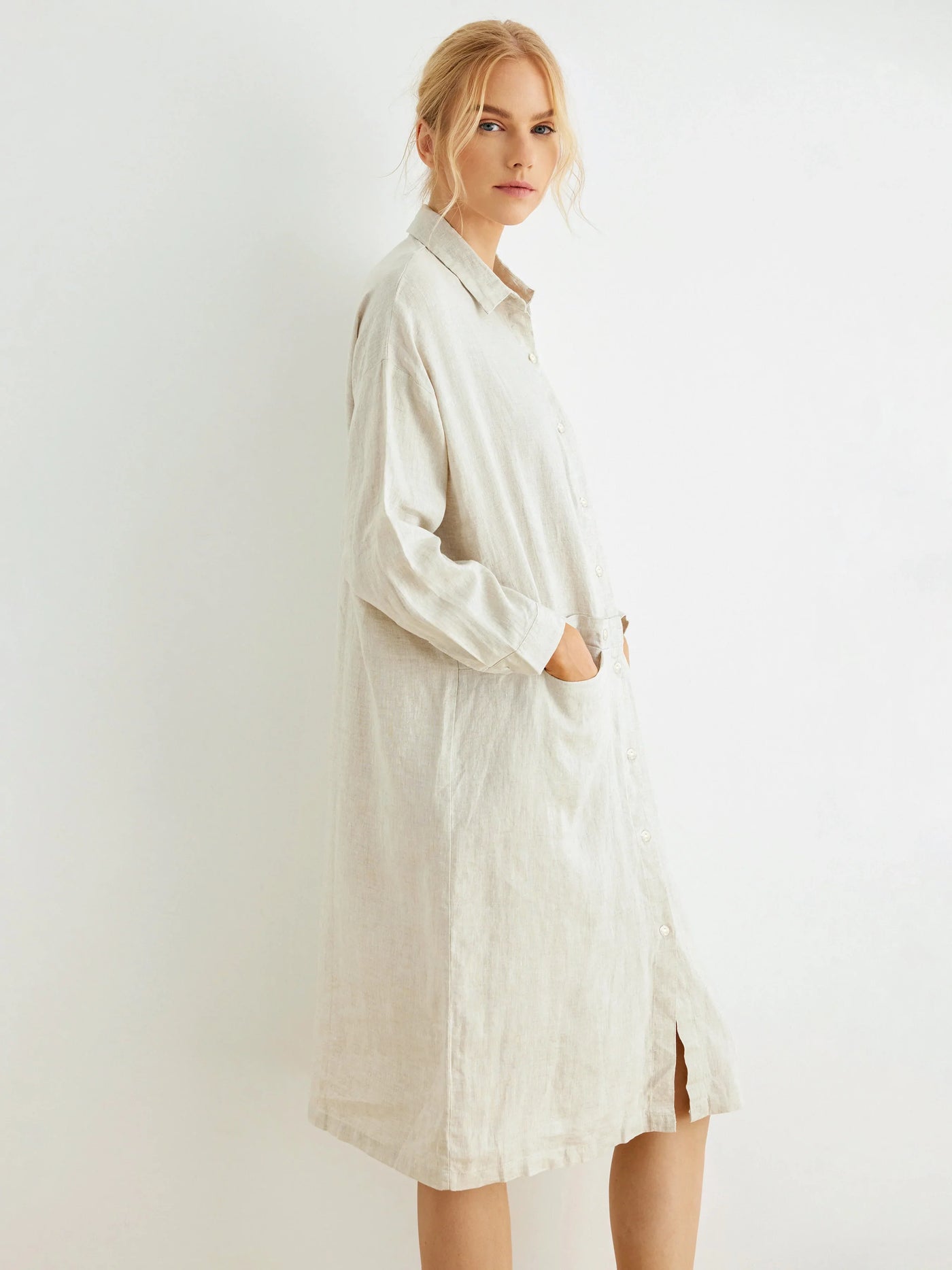 Rhea 100% Linen Button-Front Pockets Midi Dress