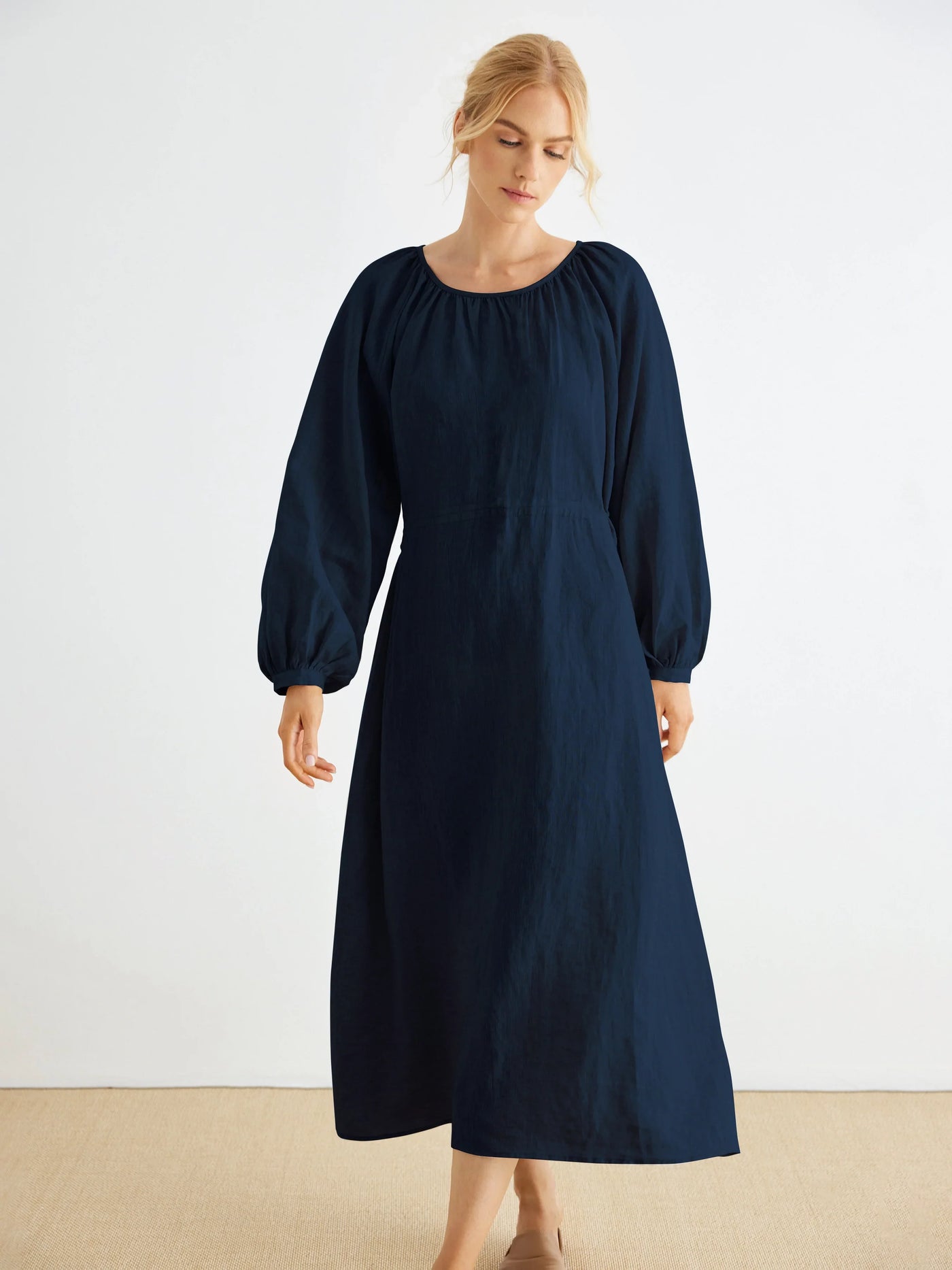 Maddie 100% Linen Puff Sleeve Drawstring Waist Maxi Dress