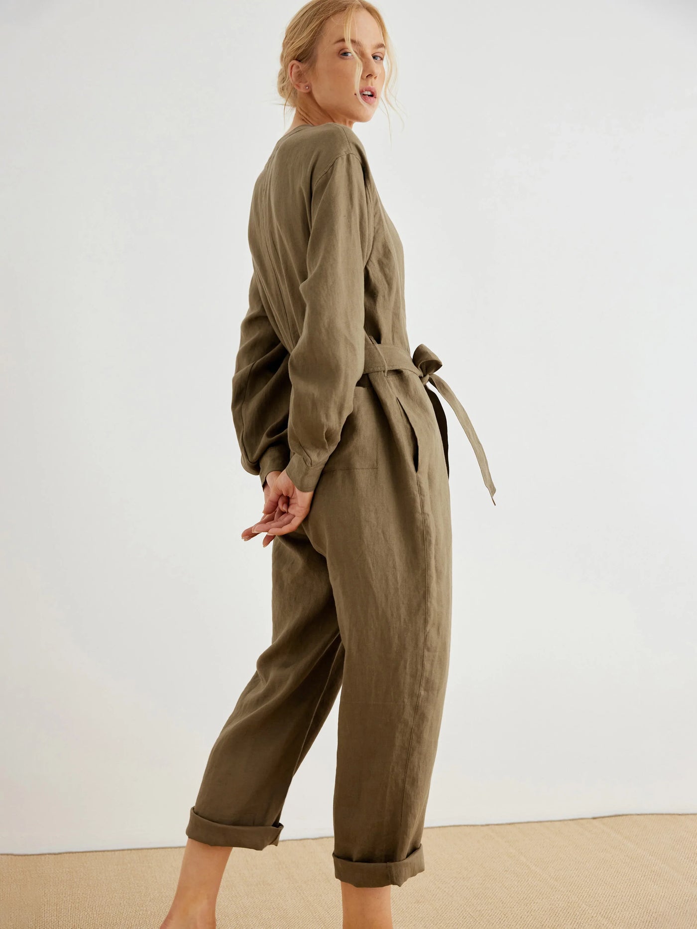 Clara 100% Linen Long-Sleeve Belted Jumpsuit
