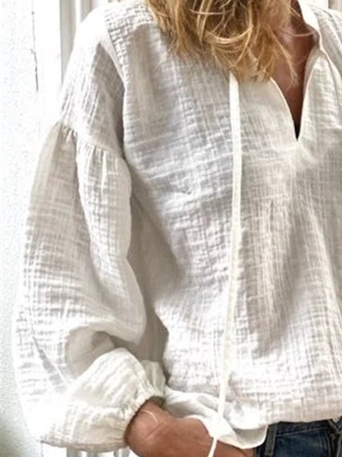 Ladies Cotton Linen Solid Color Long Sleeve Shirt