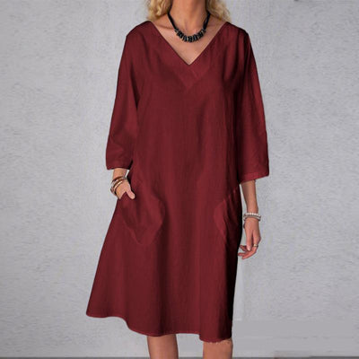 Pure Color V-Neck 3/4 Sleeve Casual Dress
