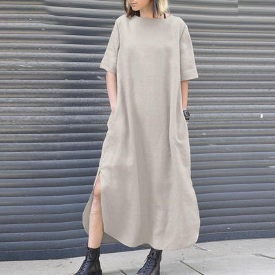 Cotton And Linen Round Neck Irregular Hem Long Dress