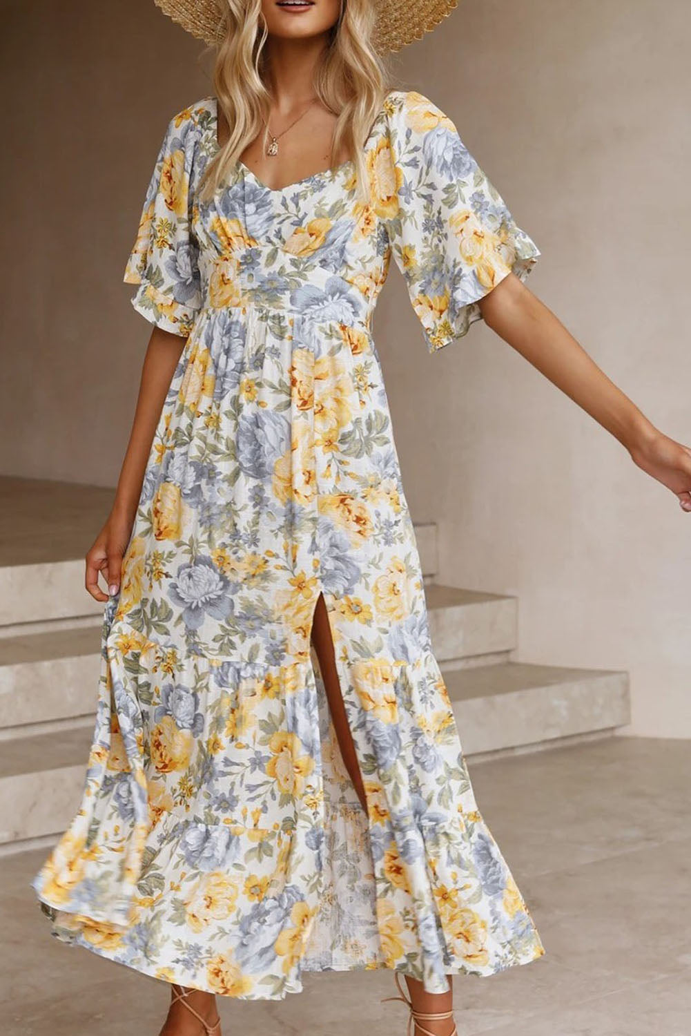 Women White Floral Print Flutter Sleeve Maxi Dress with Split