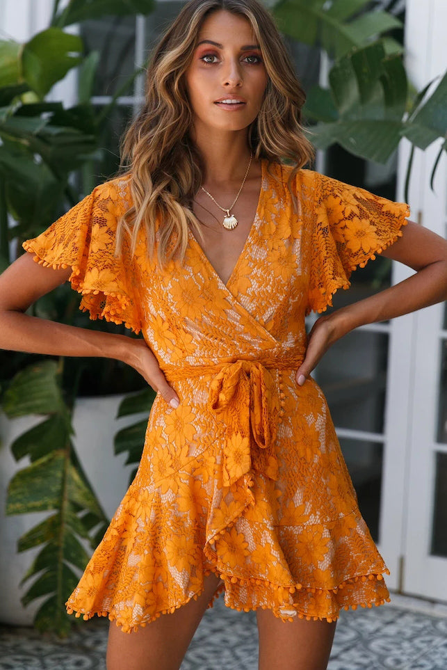 Women Orange Flutter Sleeve Wrap V Neck Floral Lace Short Dress