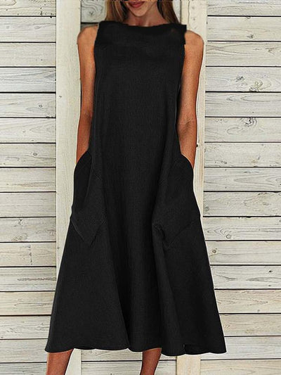 Solid A-Line Sleeveless Pockets Midi Dress