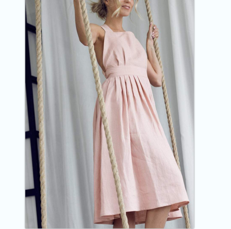 Cross Back Bow-tie /Lace Up Linen Dress