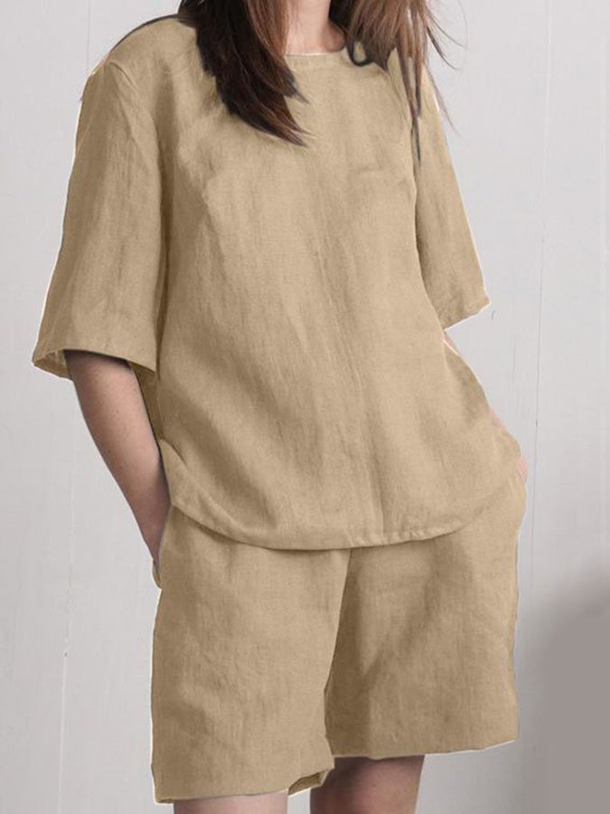 Casual Solid Color Short Sleeve Cotton And Linen Suit