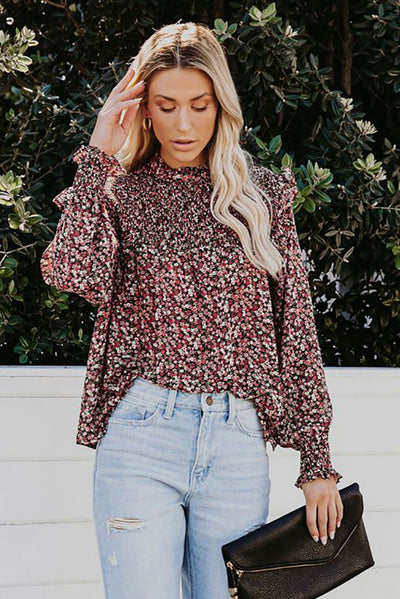 Women Red Floral Print Smocked Ruffled Long Sleeve Blouse