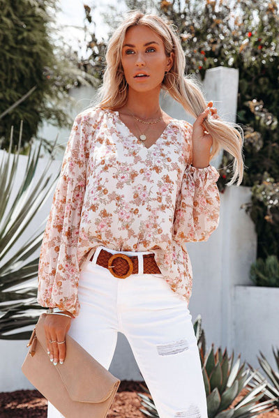 Women White Floral Print V Neck Long Puff Sleeve Top