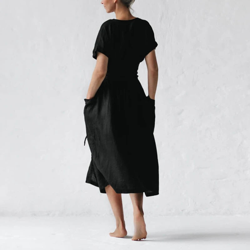 Women's Fashion V Neck Belt High Waist Short Sleeves Cotton- Linen Dress