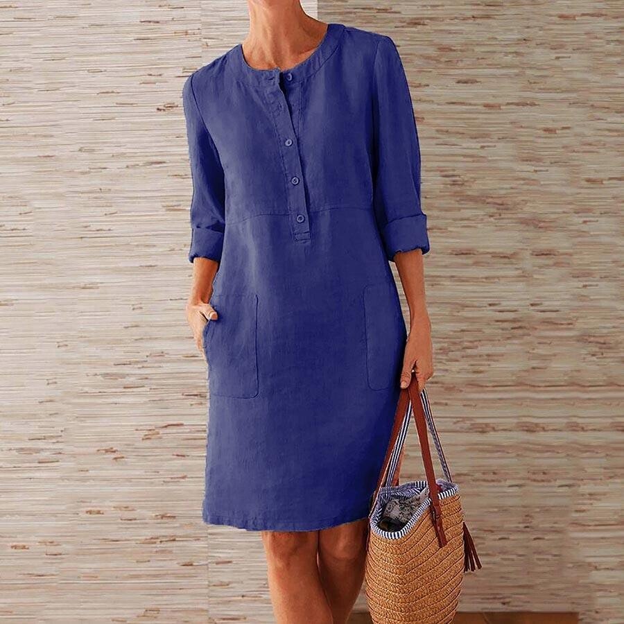 Pure Color Casual Cotton And Linen Round Neck Dress