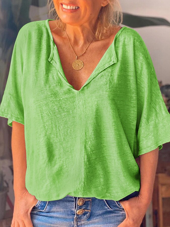 Women's Solid V-neck Cotton Linen Short Sleeve T-shirt