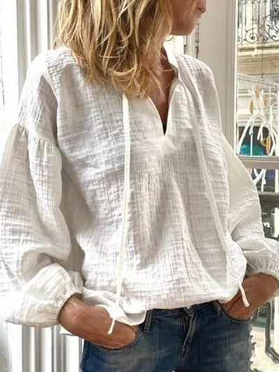Ladies Cotton Linen Solid Color Long Sleeve Shirt