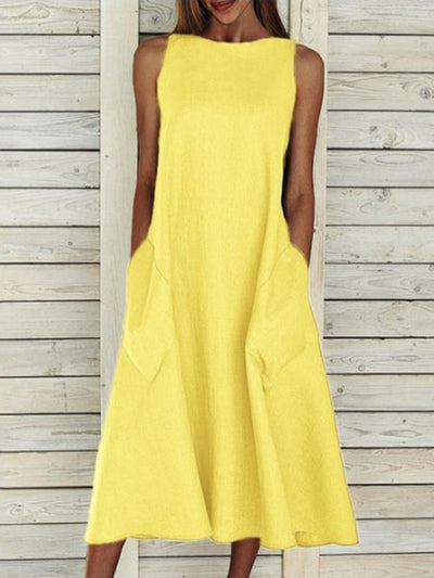 Solid A-Line Sleeveless Pockets Midi Dress