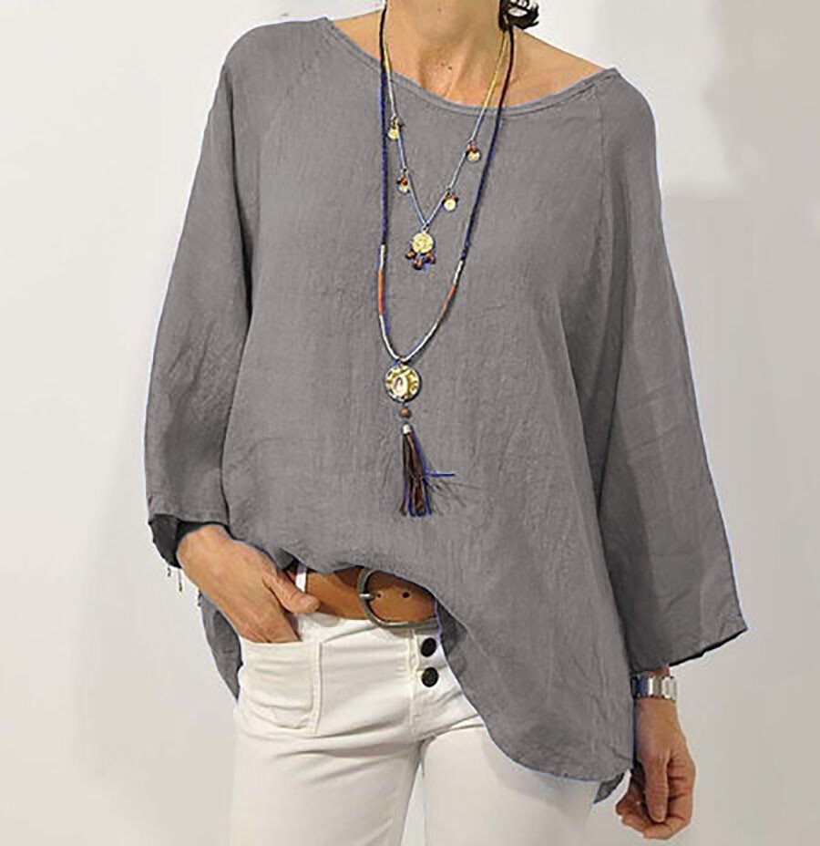 Pure Color Casual Cotton And Linen Round Neck Top