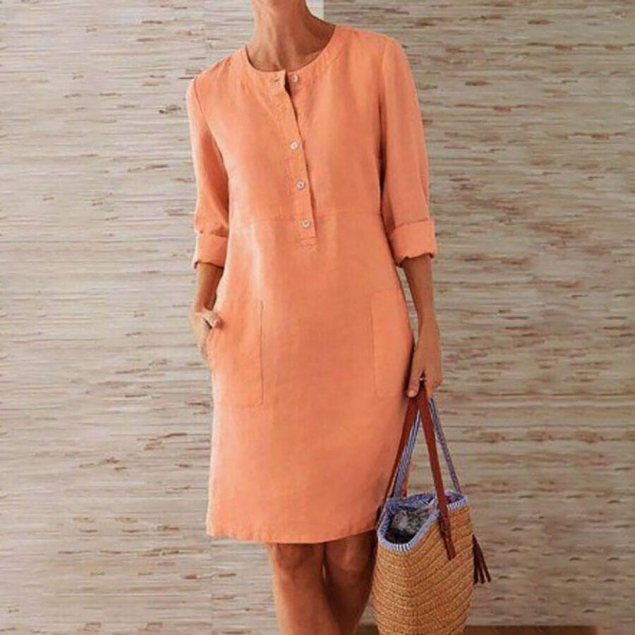 Pure Color Casual Cotton And Linen Round Neck Dress