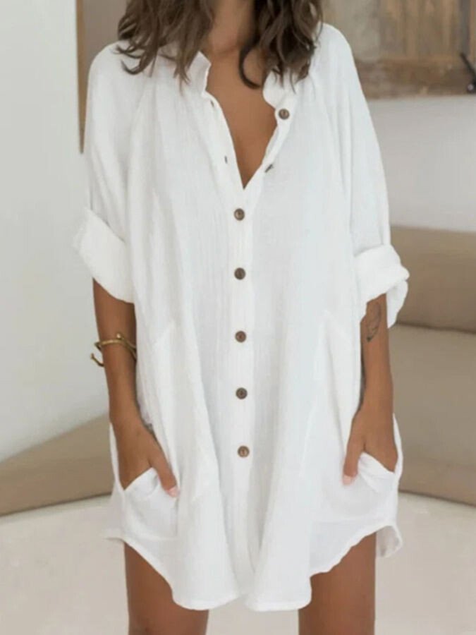Women's Cotton Linen Breasted Mid Length Loose Shirt