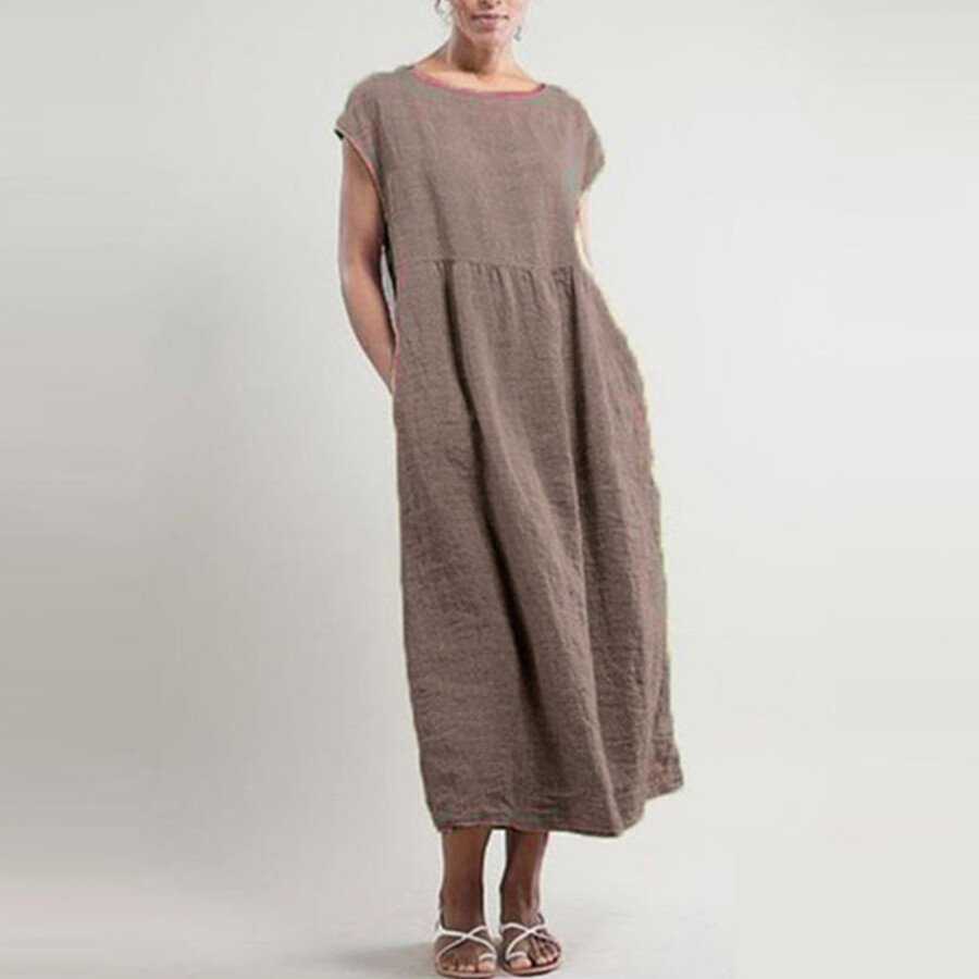 Ladies Loose Cotton Linen Simple Style Dress