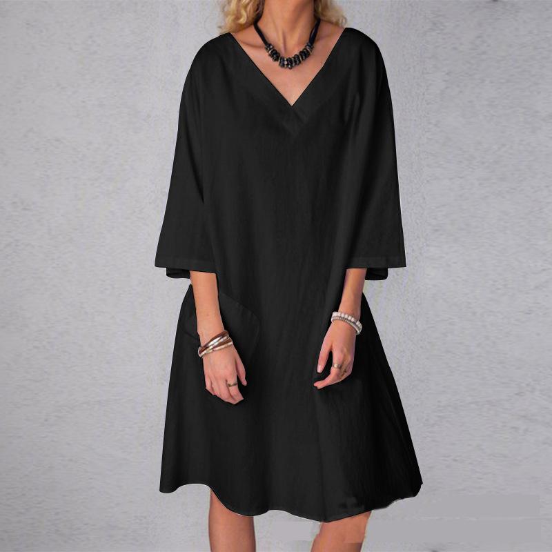 Pure Color V-Neck 3/4 Sleeve Casual Dress