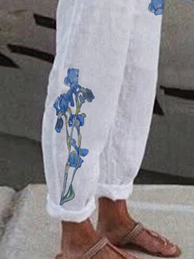 Cotton Linen Straight Pocket Casual Pants