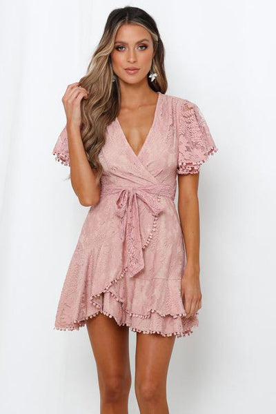 Women Pink Flutter Sleeve Wrap V Neck Floral Lace Short Dress