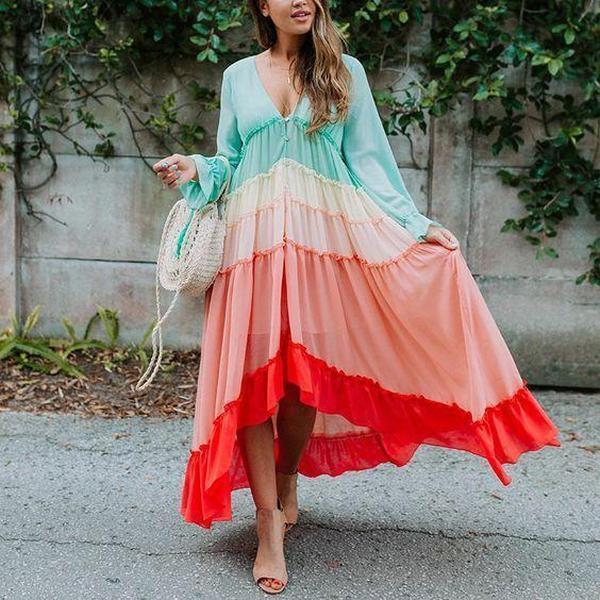 Colorful Bohemian Rainbow Buttom Maxi Dress