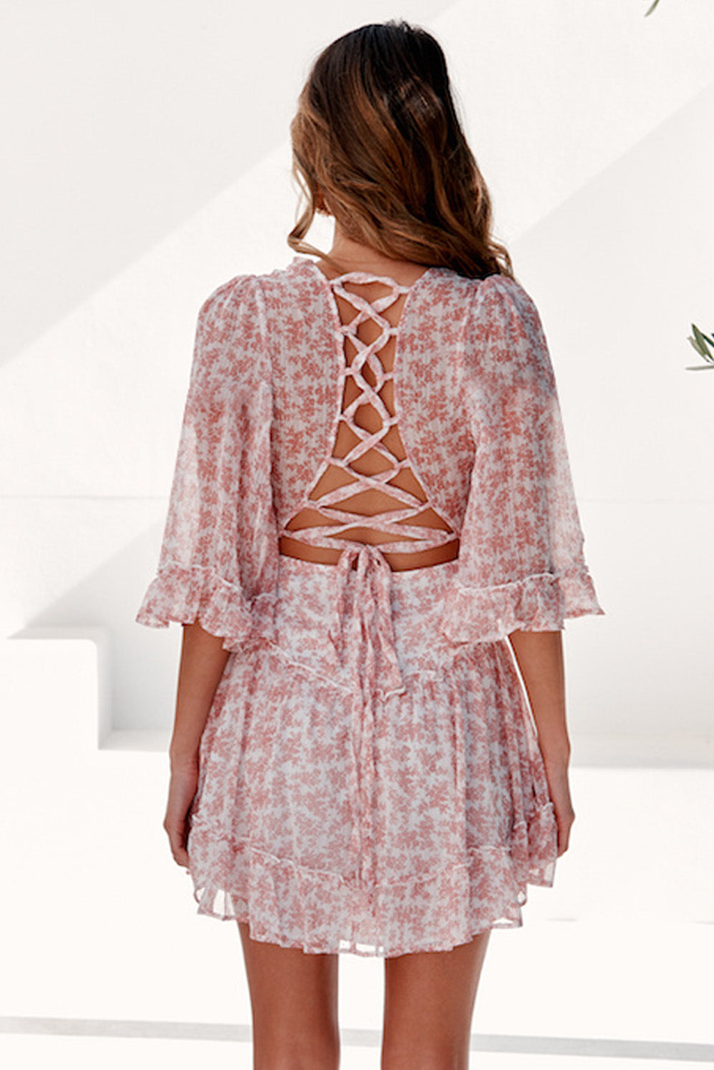 Women Pink Lace-up Back Ruffled Floral Print Dress