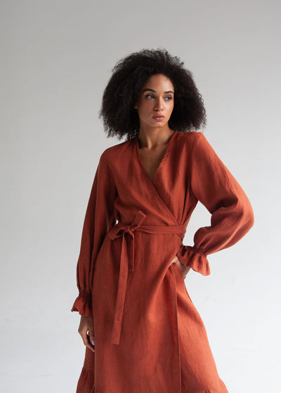 "Bianca" Burnt Orange Linen Midi Wrap Dress