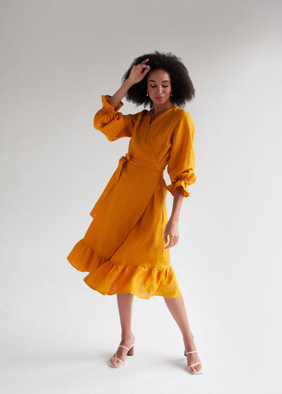 "Bianca" Mustard Yellow Linen Wrap Dress