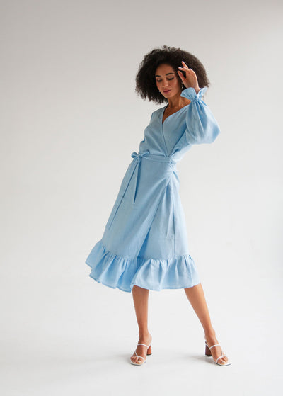 "Bianca" Sky Blue Linen Wrap Dress
