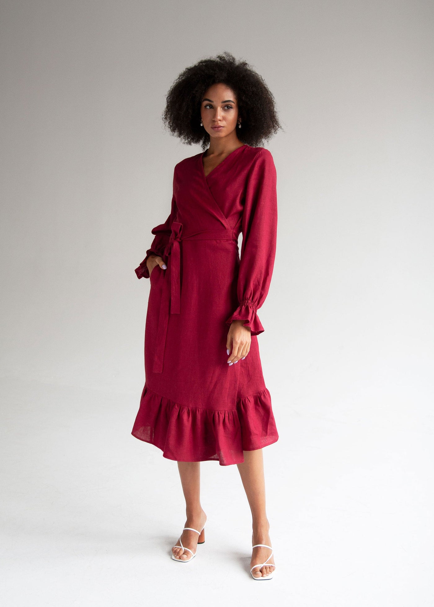 "Bianca" Burgundy Linen Midi Wrap Dress