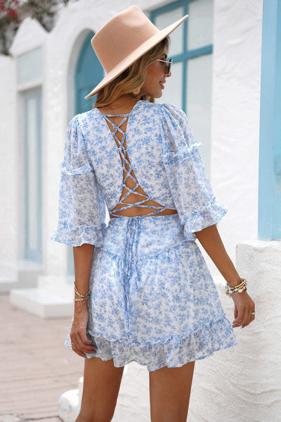 Women Sky Blue Lace-up Back Ruffled Floral Print Dress