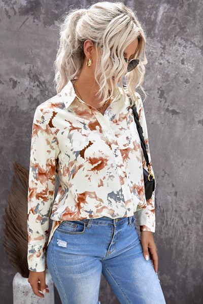 Women Multicolor Turn-down Collar Floral Pattern Shirt