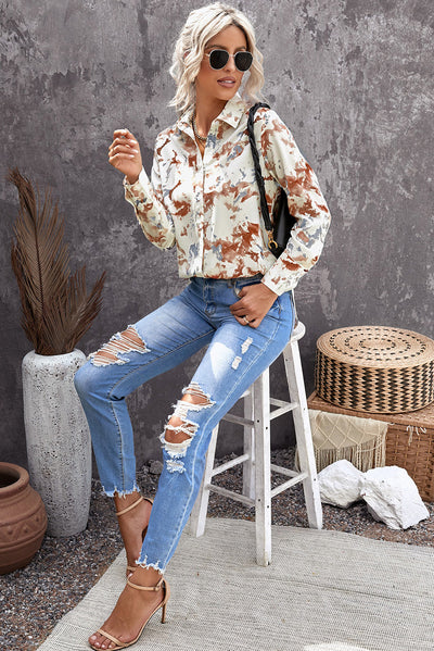 Women Multicolor Turn-down Collar Floral Pattern Shirt