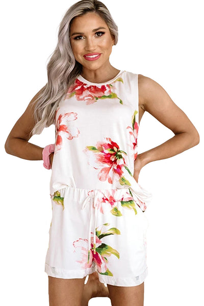 Women White Floral Print Tank Top and Shorts Homesuit