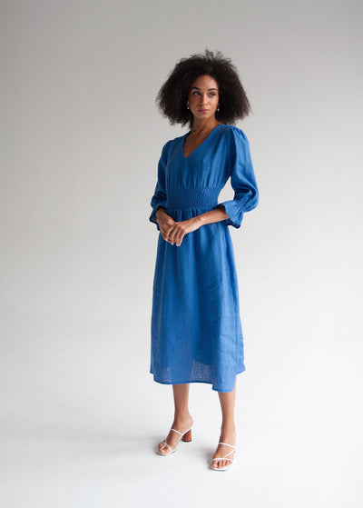 "Laura" Blue Linen Midi Dress
