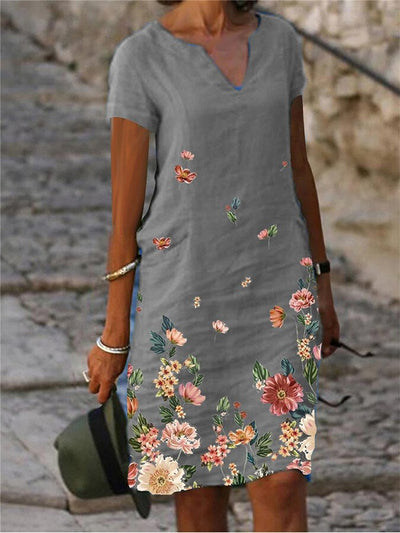 Ladies Cotton Linen Print Short Sleeve Mid Length V Neck Dress